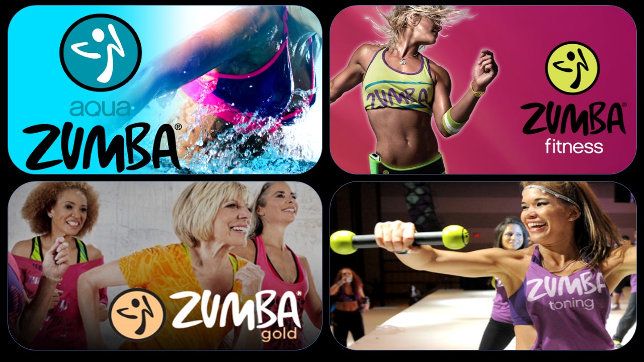 Images of Aqua Zumba, Zumba Fitness, Zumba Gold and Zumba Toning